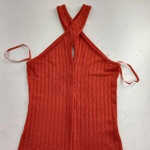 Club Manaco Women's Shiny Wide Rib Criss Cross Top Size S Orange  P#213@CMK